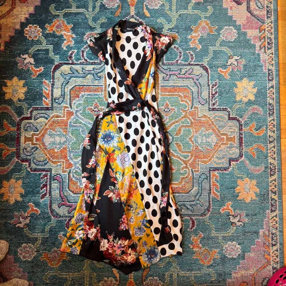 Floral and Polka Dot Patchwork Wrap Midi Dress Zara size XS